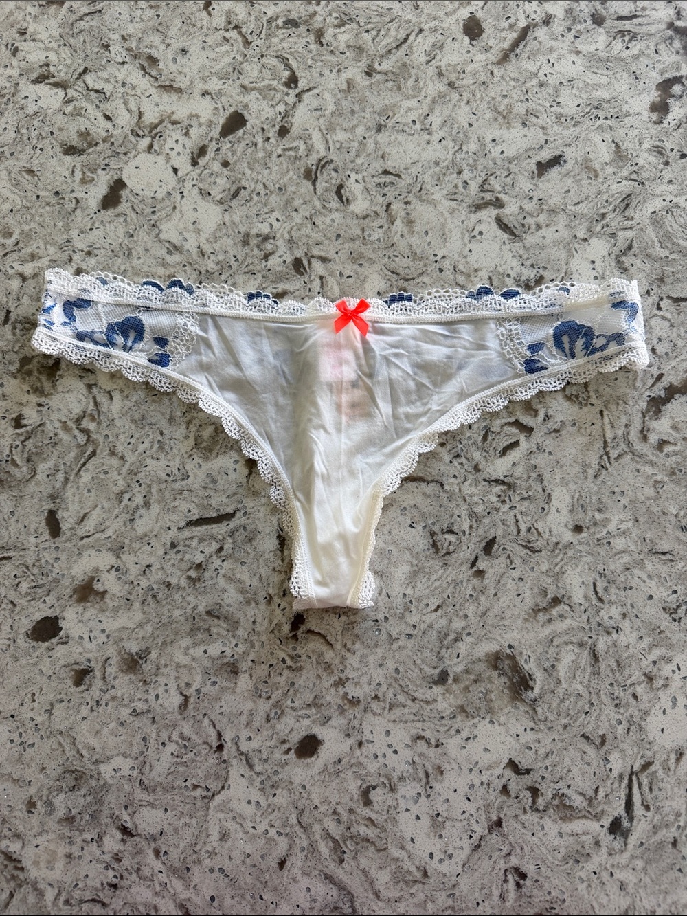 NWT VICTORIA SECRET White Lace Thong with Blue Floral Embroidery and Coral Bow